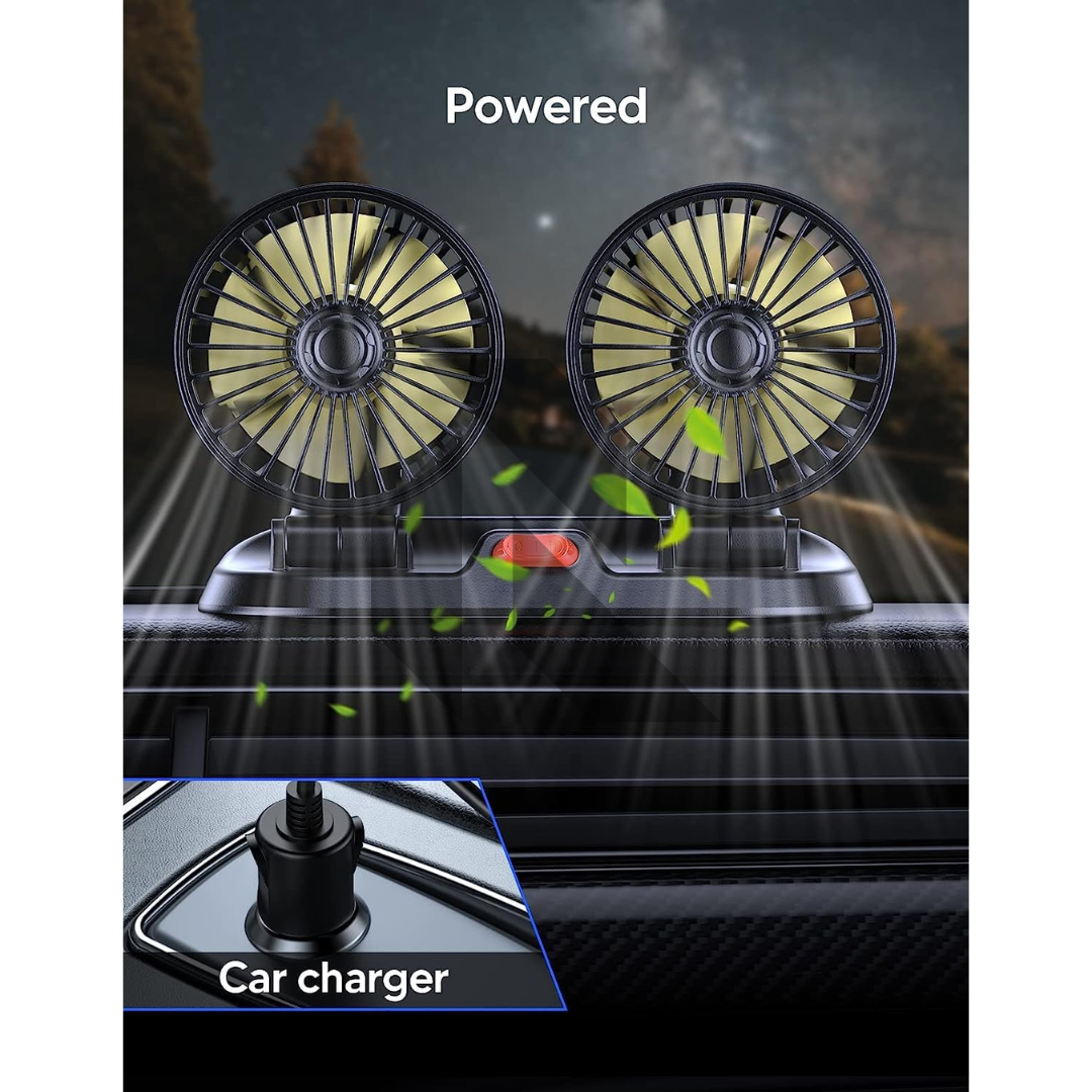 F410 Universal Powerful Cooling Fan 12V – Dual Head 360° Rotatable Car Dashboard Fan