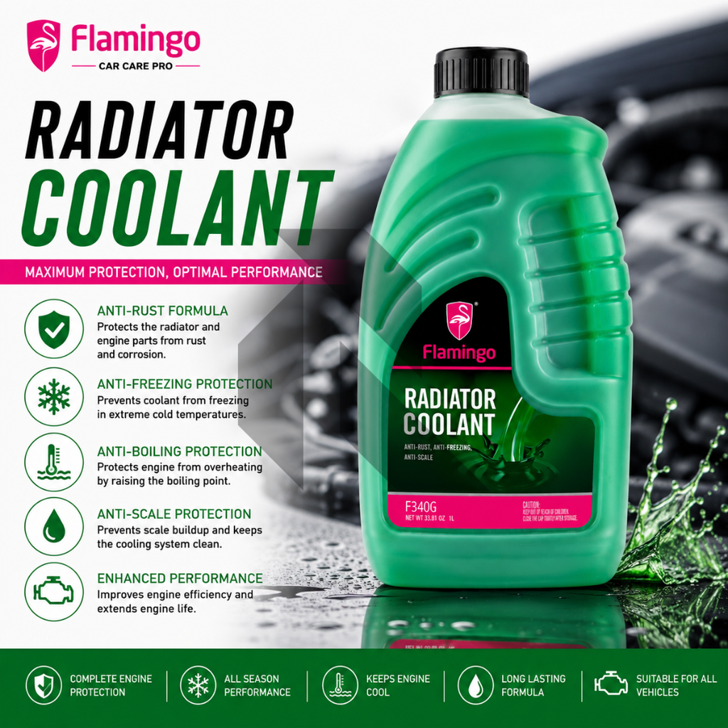 Flamingo Radiator Coolant Green 1L – Ready to Use Engine Coolant Antifreeze & Anti-Rust Formula