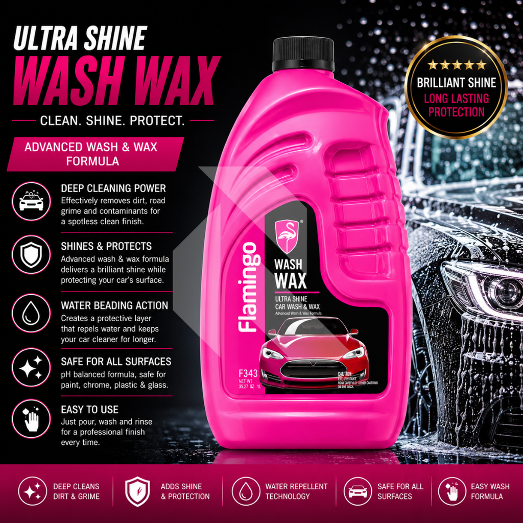 Flamingo Car Wash & Wax Shampoo 1L – High Foam pH Balanced Car Cleaning Shampoo with Wax Protection