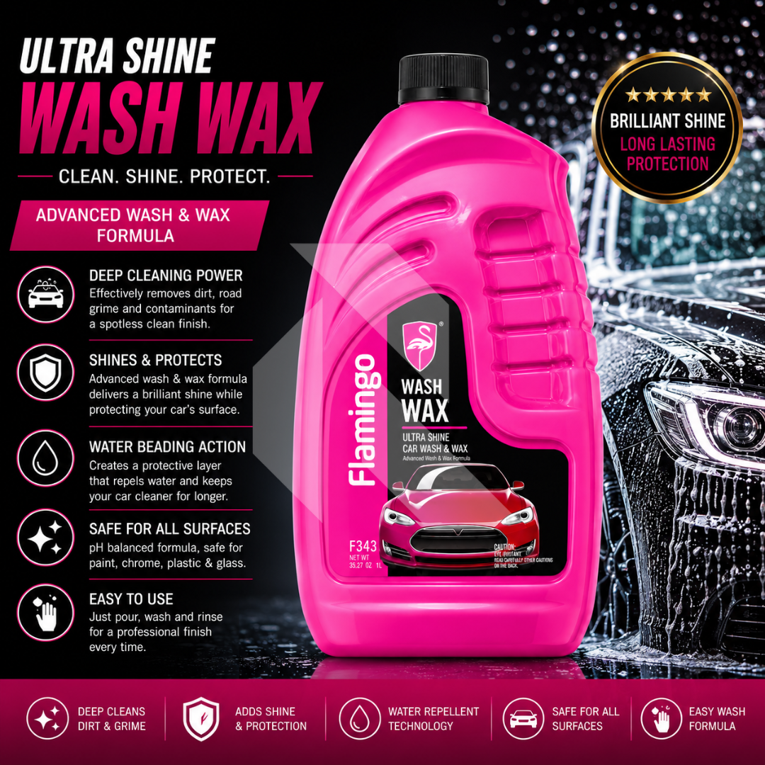 Flamingo Car Wash & Wax Shampoo 1L – High Foam pH Balanced Car Cleaning Shampoo with Wax Protection