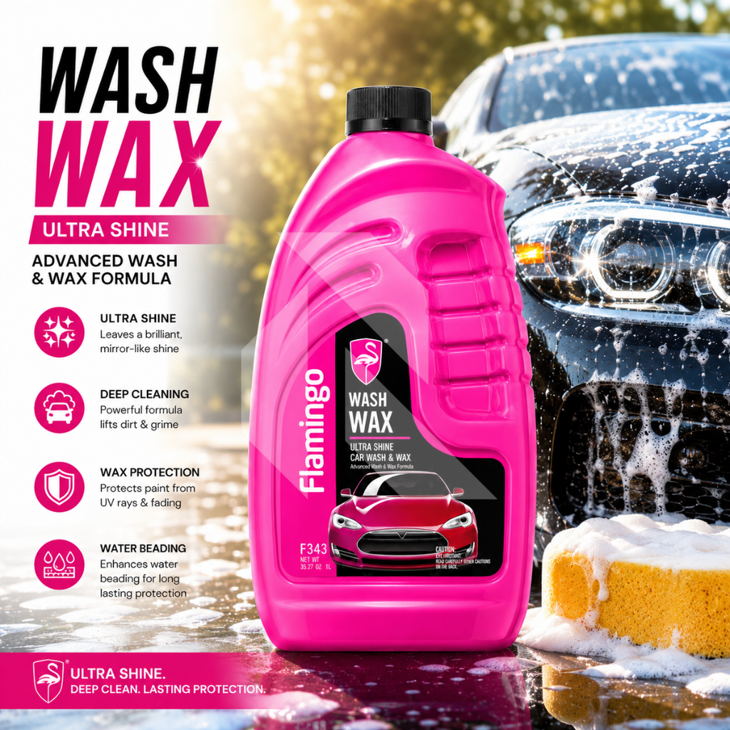 Flamingo Car Wash & Wax Shampoo 1L – High Foam pH Balanced Car Cleaning Shampoo with Wax Protection