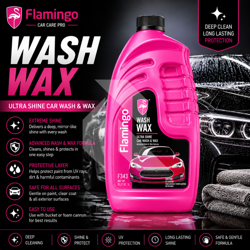 Flamingo Car Wash & Wax Shampoo 1L – High Foam pH Balanced Car Cleaning Shampoo with Wax Protection