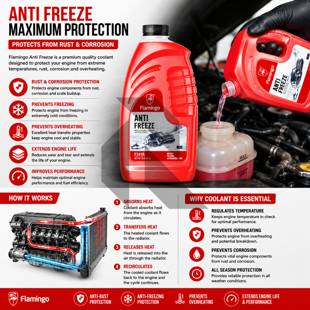 Flamingo Anti Freeze Red 1L – Ready to Use Engine Coolant & Radiator Antifreeze
