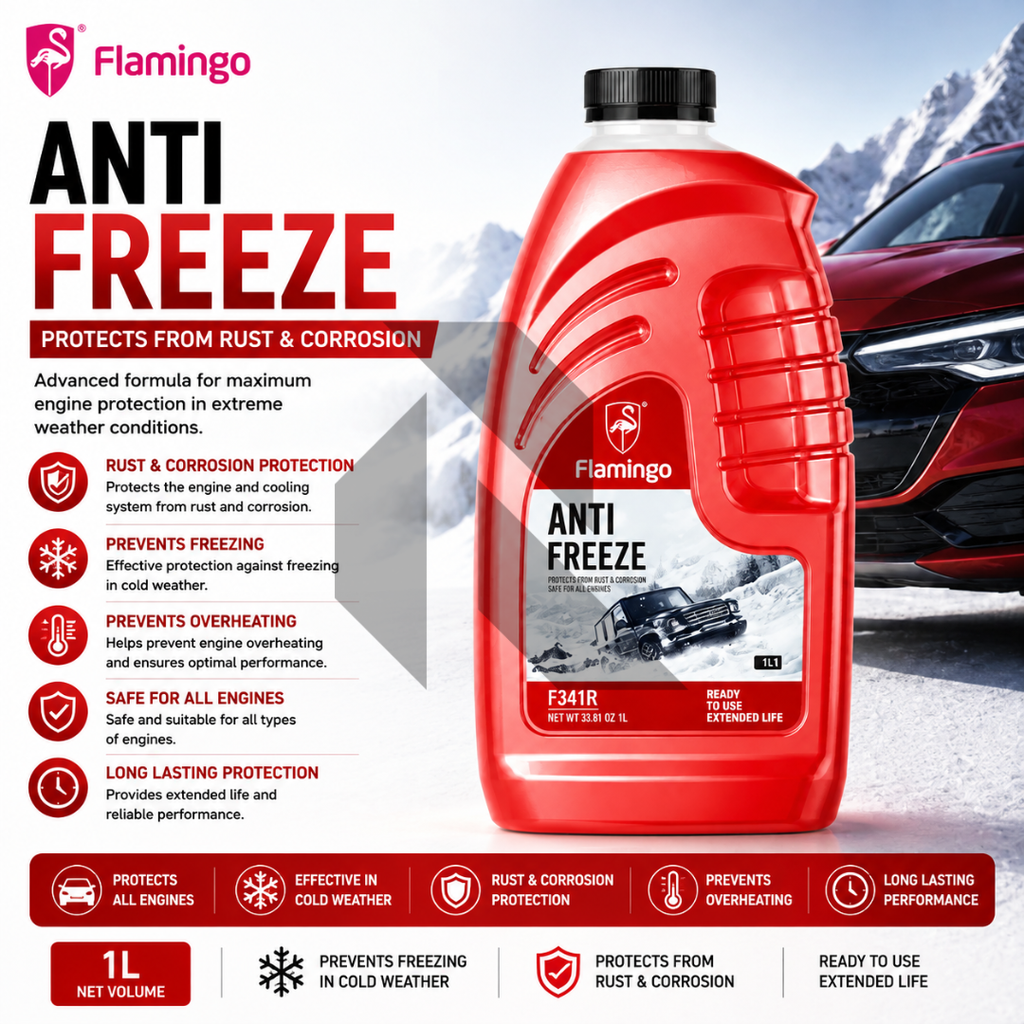 Flamingo Anti Freeze Red 1L – Ready to Use Engine Coolant & Radiator Antifreeze