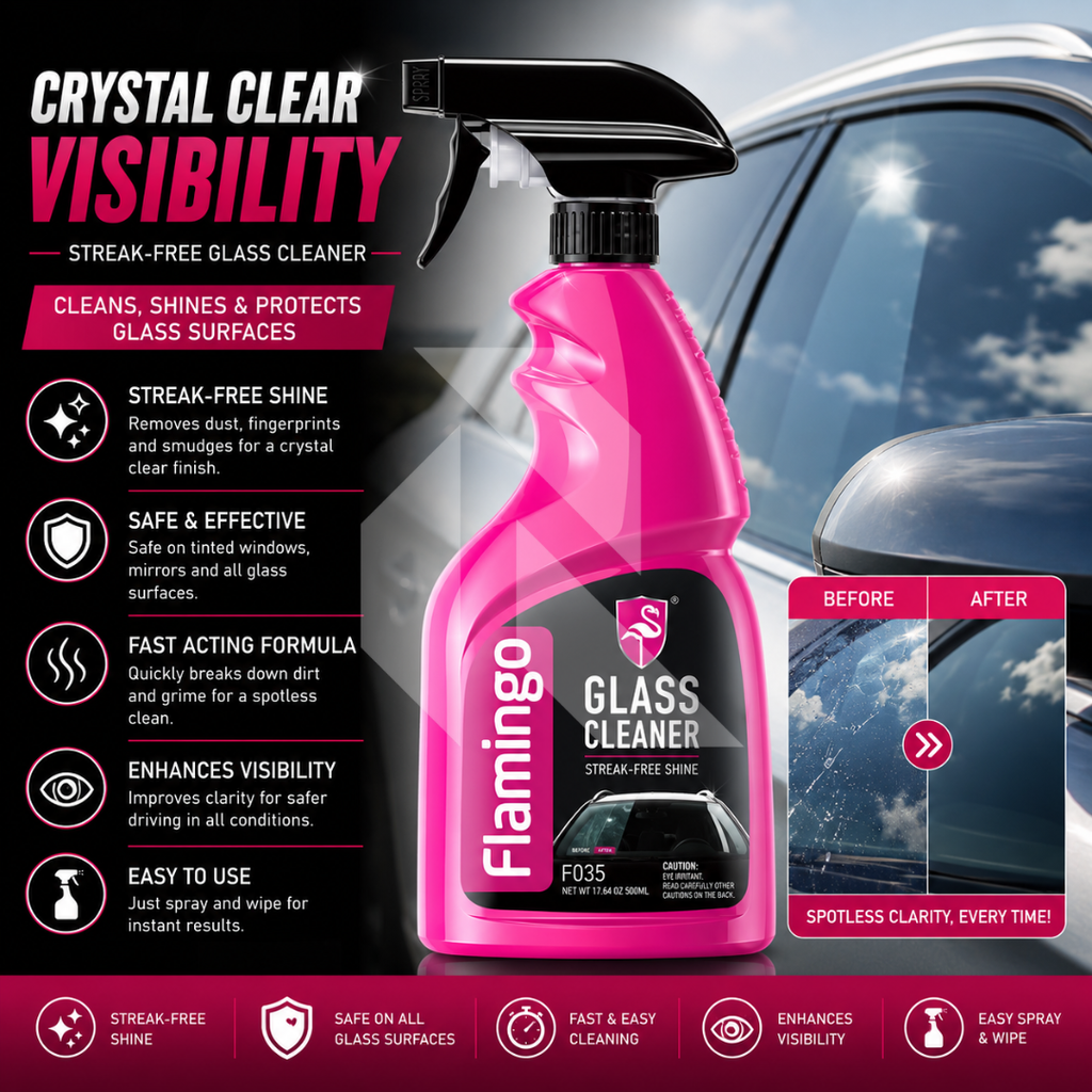 Flamingo Glass Cleaner Spray 500ml – Streak-Free Car Windshield, Window & Mirror Cleaning Solution