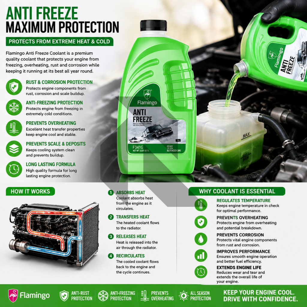 Flamingo Anti Freeze Green 1L – Ready to Use Engine Coolant & Radiator Antifreeze