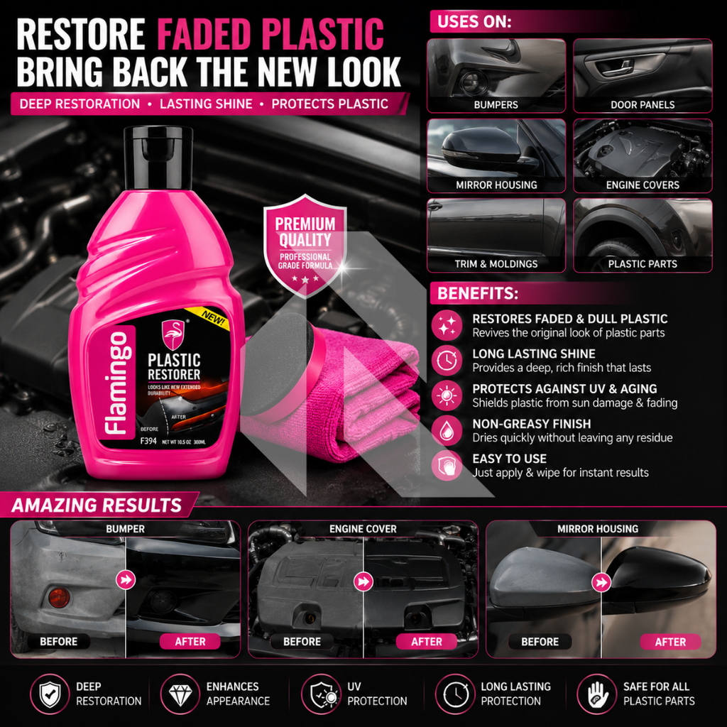 Flamingo Plastic Restorer 300ML – Trim & Plastic Restorer for Exterior Black Plastic & Rubber
