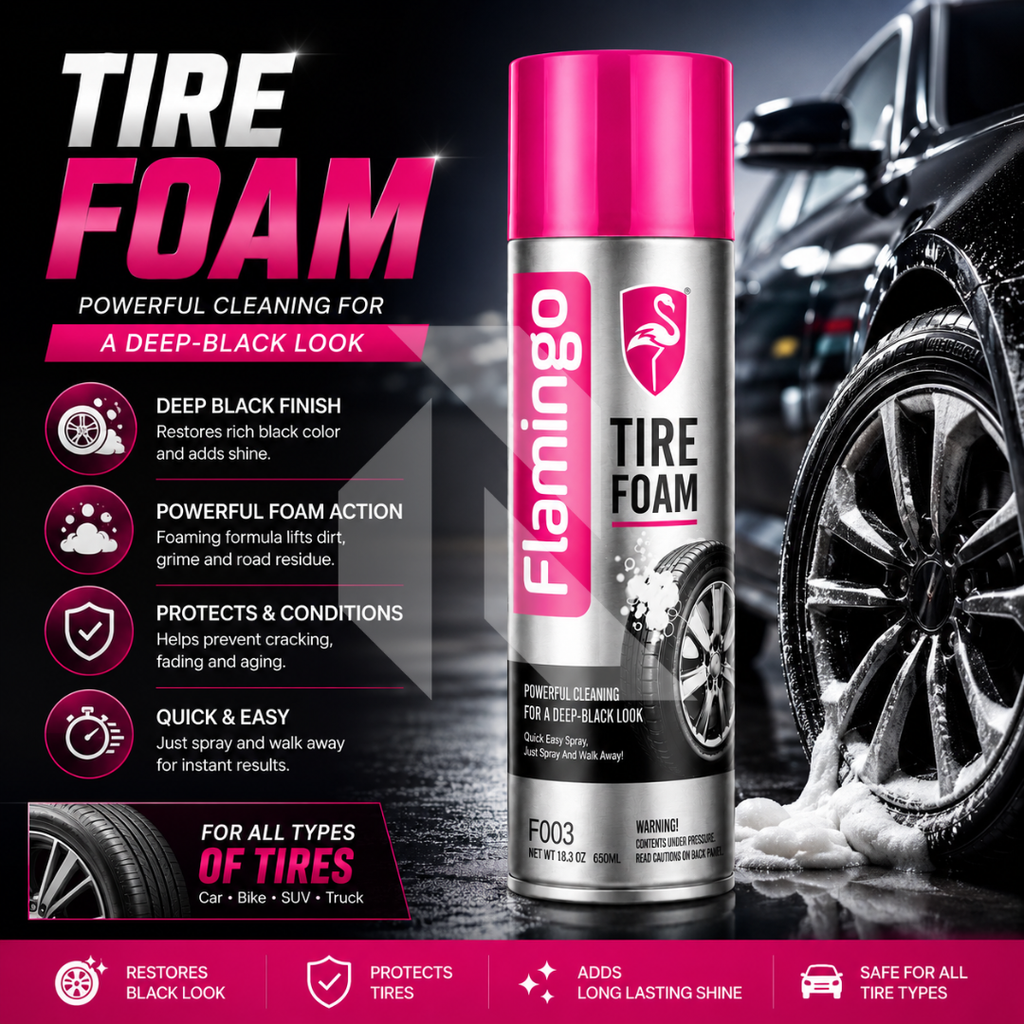 Flamingo Tire Foam 650ml – Instant Tire Shine & Cleaning Foam for Deep Black Finish