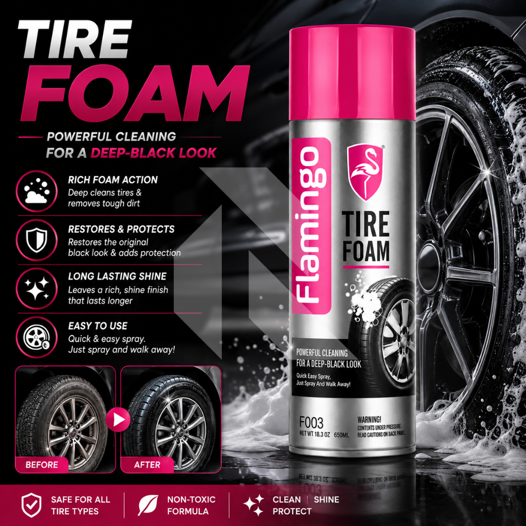 Flamingo Tire Foam 650ml – Instant Tire Shine & Cleaning Foam for Deep Black Finish