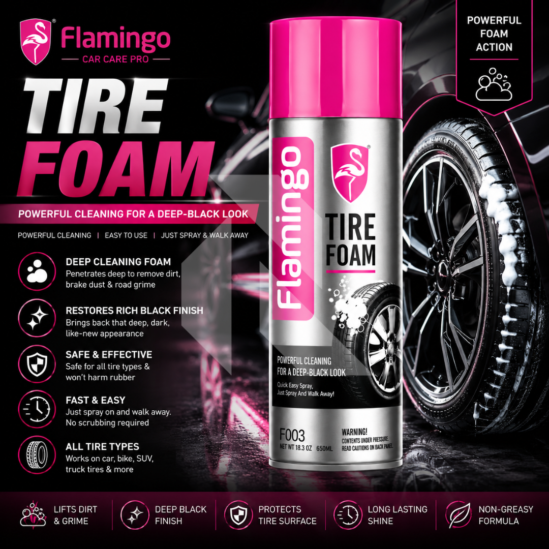 Flamingo Tire Foam 650ml – Instant Tire Shine & Cleaning Foam for Deep Black Finish