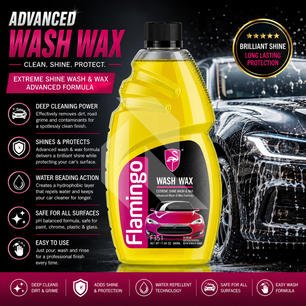 Flamingo Car Wash & Wax Shampoo 500ml – High Foam pH Balanced Car Cleaning Shampoo with Wax Protection