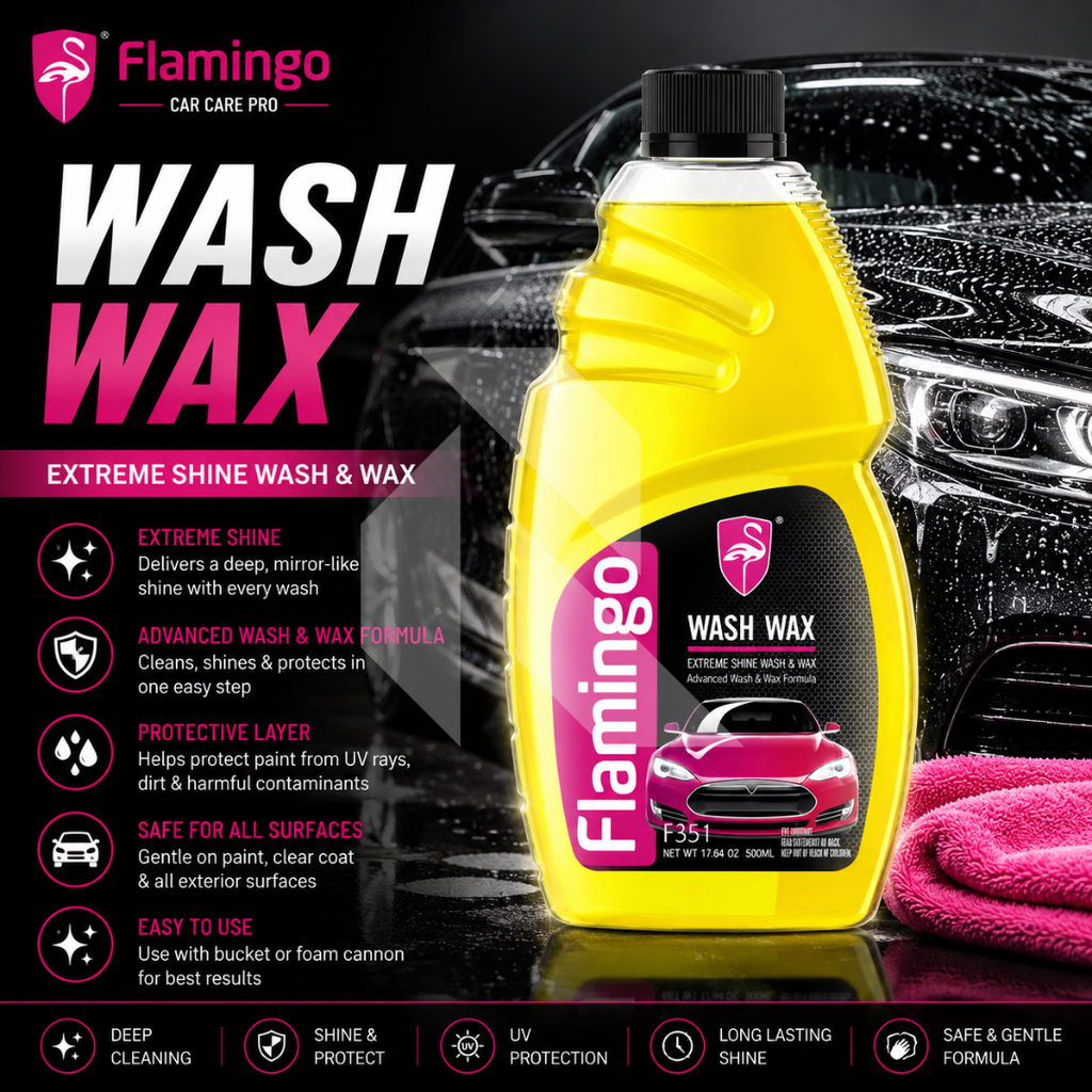 Flamingo Car Wash & Wax Shampoo 500ml – High Foam pH Balanced Car Cleaning Shampoo with Wax Protection
