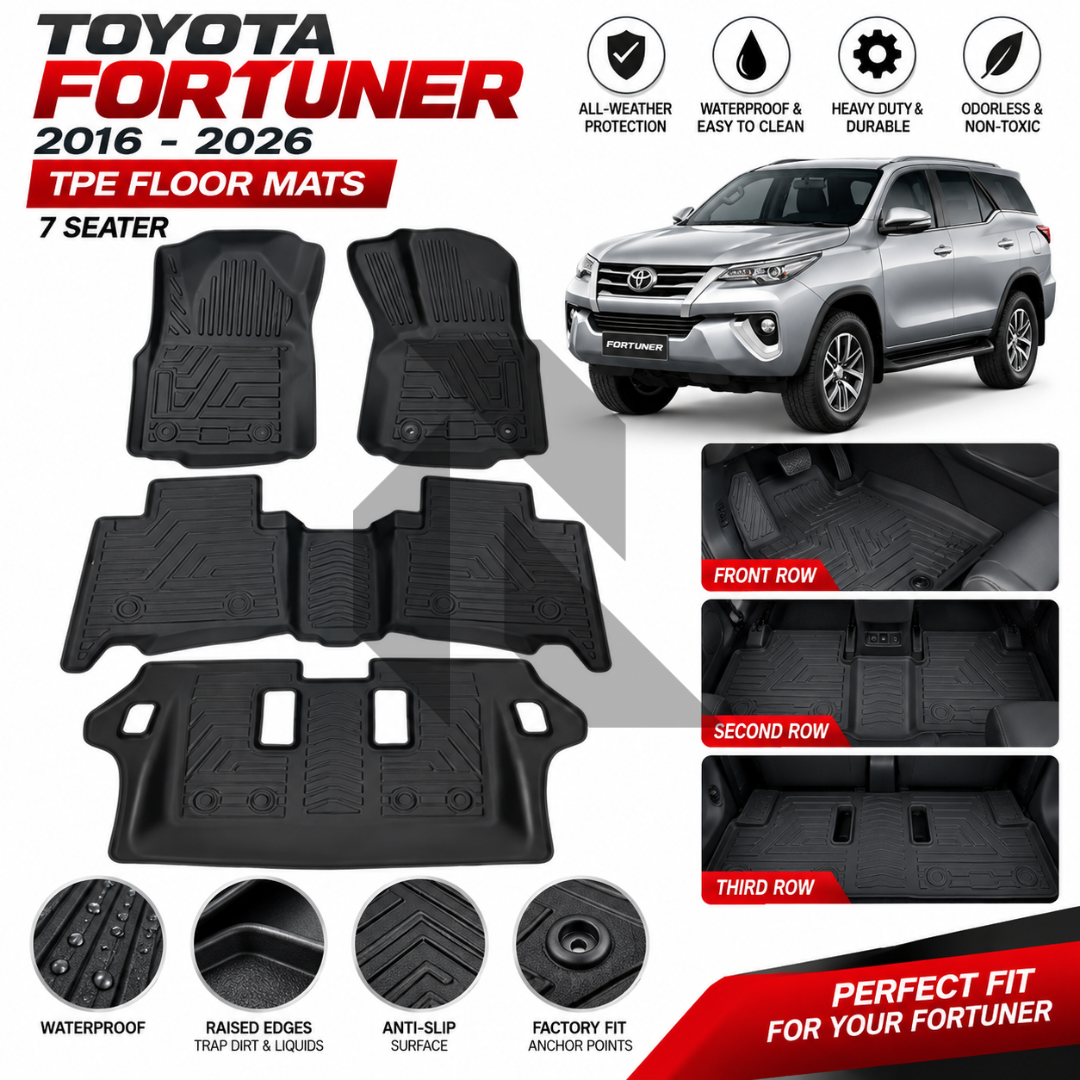 Toyota Fortuner 2016-2026 TPE Floor Mats – Waterproof Custom Fit All-Weather Car Floor Mats