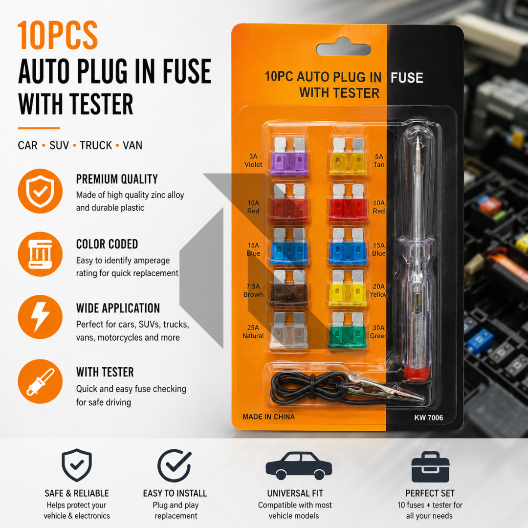 10PCS Automotive Blade Fuse Kit with Circuit Tester – Car Mini Plug-In Fuse Assortment Set