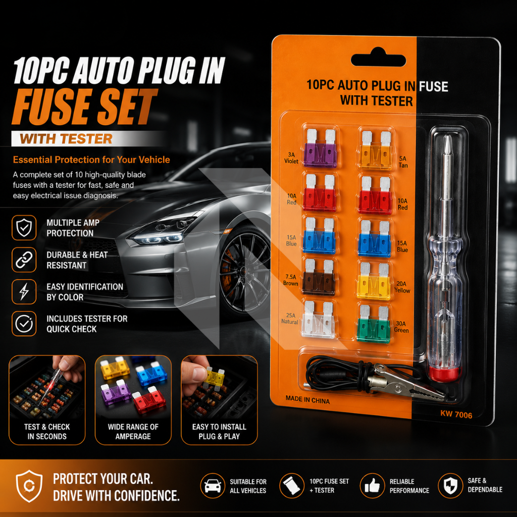 10PCS Automotive Blade Fuse Kit with Circuit Tester – Car Mini Plug-In Fuse Assortment Set