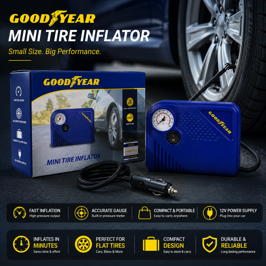 Goodyear Powerful Mini Tire Inflator 12V Portable Air Compressor for Car, Bike & Bicycle Tires