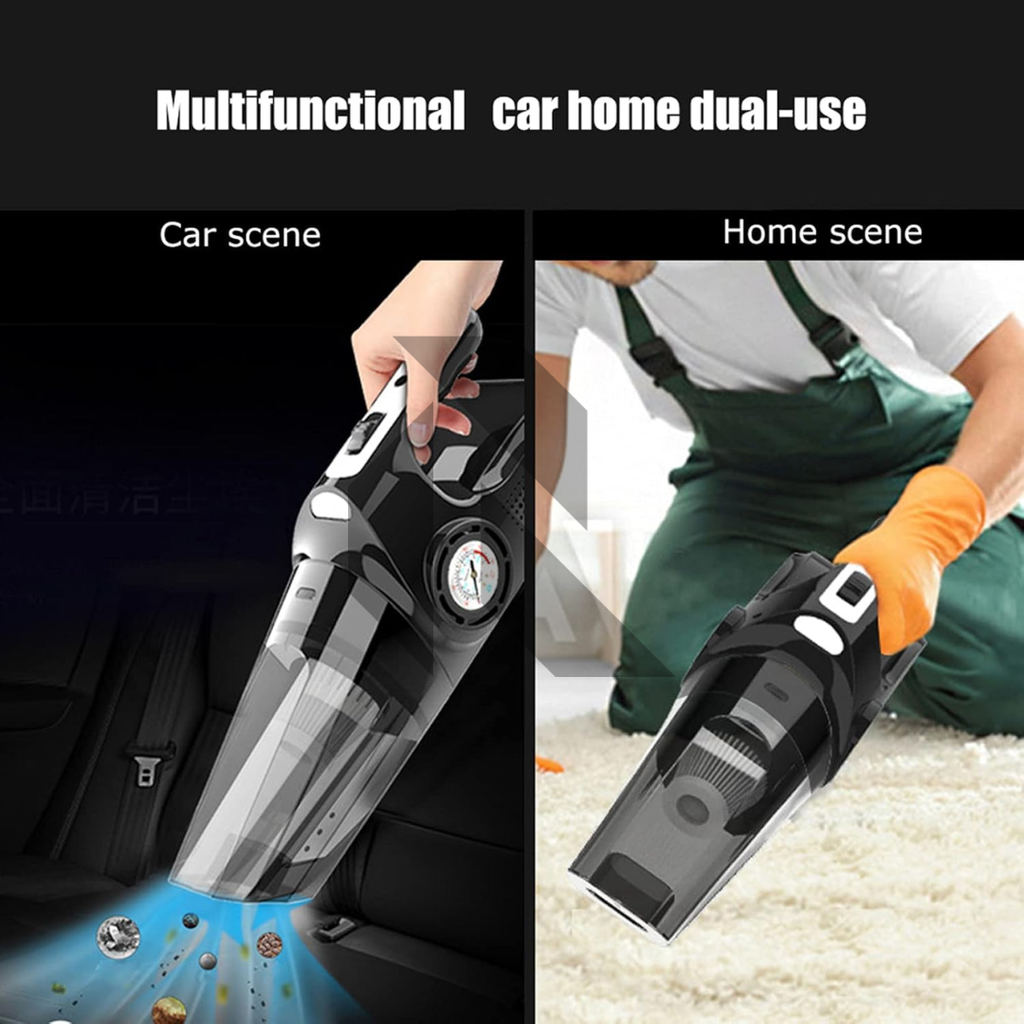 Portable 4-in-1 Car Vacuum Cleaner with Air Compressor, LED Light & Tire Pressure Gauge – DC 12V Powered