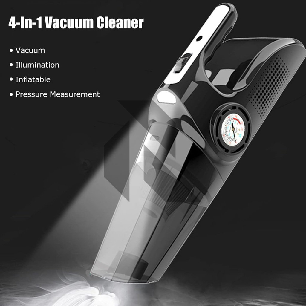 Portable 4-in-1 Car Vacuum Cleaner with Air Compressor, LED Light & Tire Pressure Gauge – DC 12V Powered
