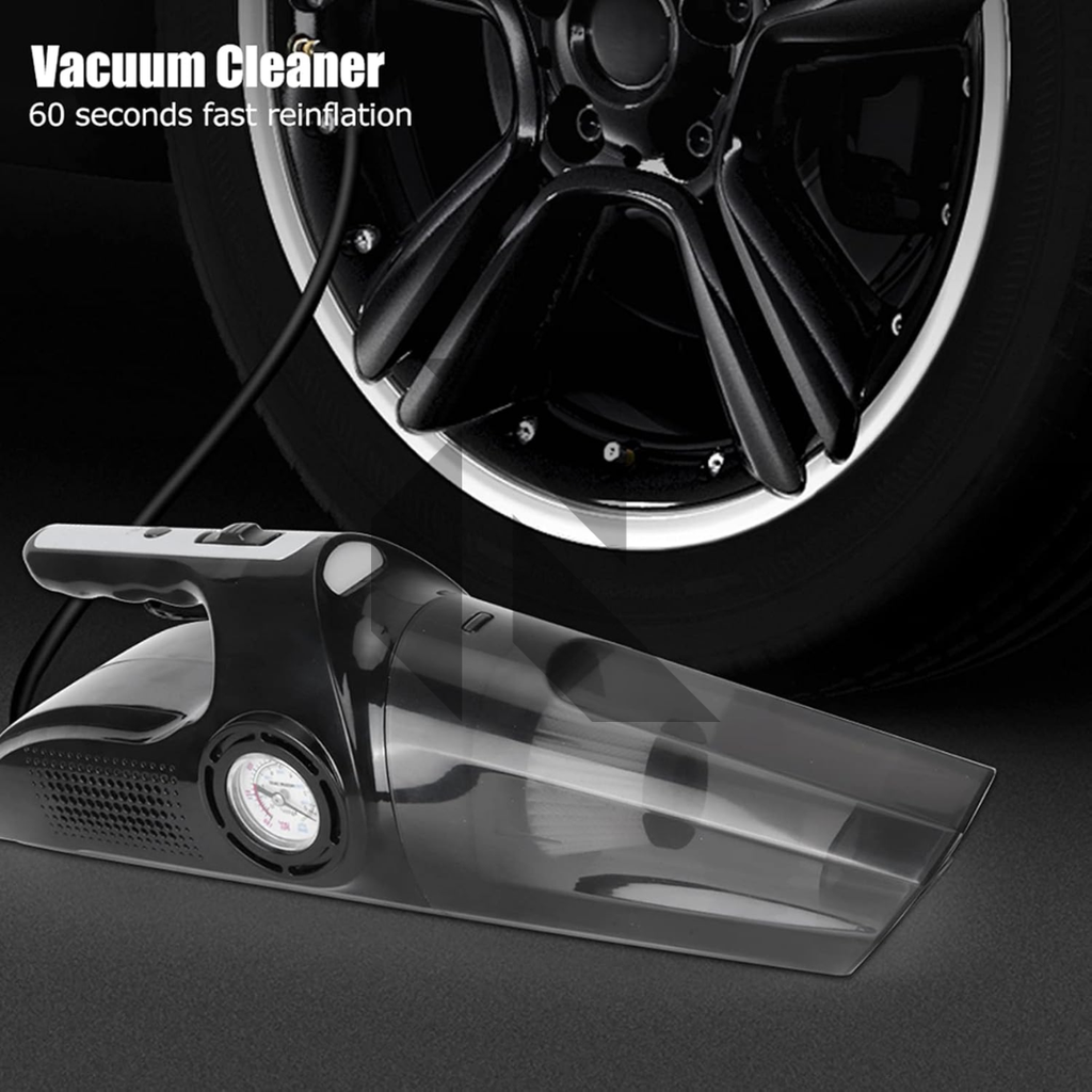 Portable 4-in-1 Car Vacuum Cleaner with Air Compressor, LED Light & Tire Pressure Gauge – DC 12V Powered