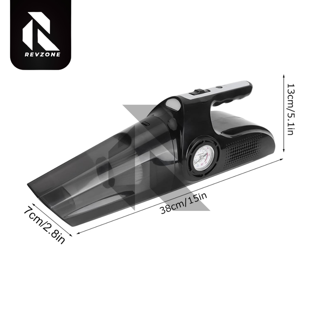 Portable 4-in-1 Car Vacuum Cleaner with Air Compressor, LED Light & Tire Pressure Gauge – DC 12V Powered