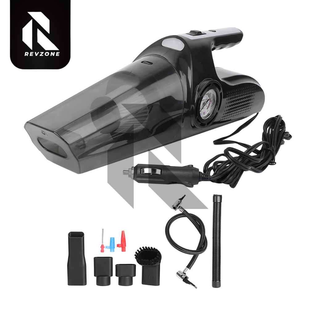 Portable 4-in-1 Car Vacuum Cleaner with Air Compressor, LED Light & Tire Pressure Gauge – DC 12V Powered