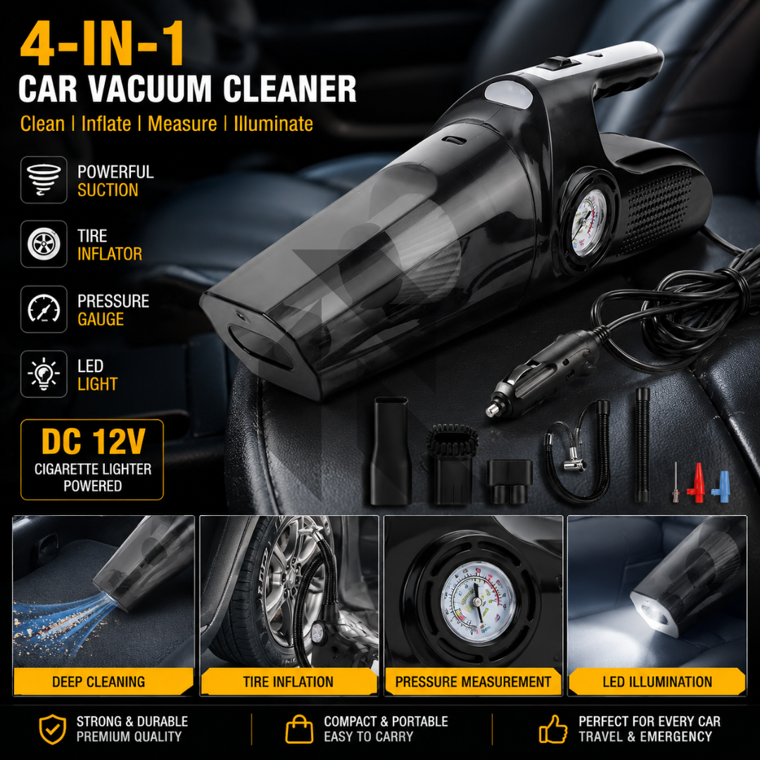 Portable 4-in-1 Car Vacuum Cleaner with Air Compressor, LED Light & Tire Pressure Gauge – DC 12V Powered Secondary image