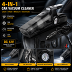 Portable 4-in-1 Car Vacuum Cleaner with Air Compressor, LED Light & Tire Pressure Gauge – DC 12V Powered