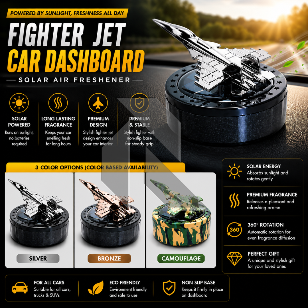 Fighter Jet Solar Car Dashboard Air Freshener – 360° Rotating Freshener with Premium Design