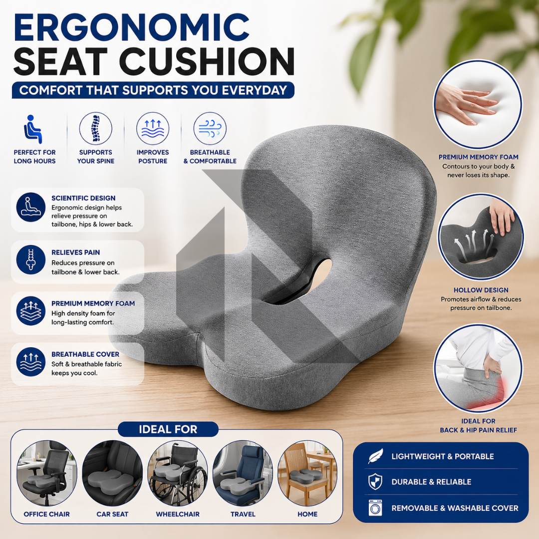 Orthopedic Memory Foam Seat Cushion – Ergonomic Tailbone Support Cushion for Office Chair, Car Seat