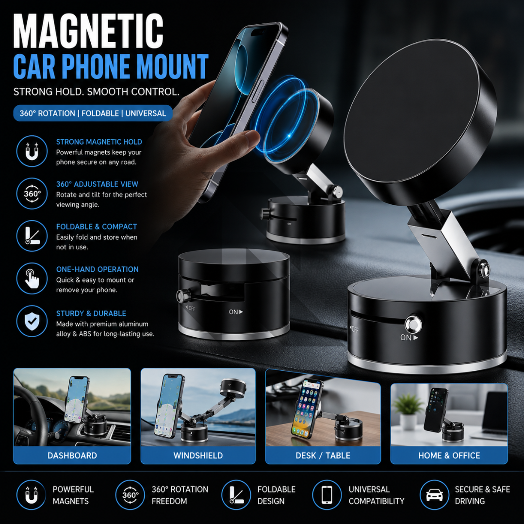 Compact & Foldable Magnetic Suction Phone Holder – Universal Car Dashboard & Windshield Mount