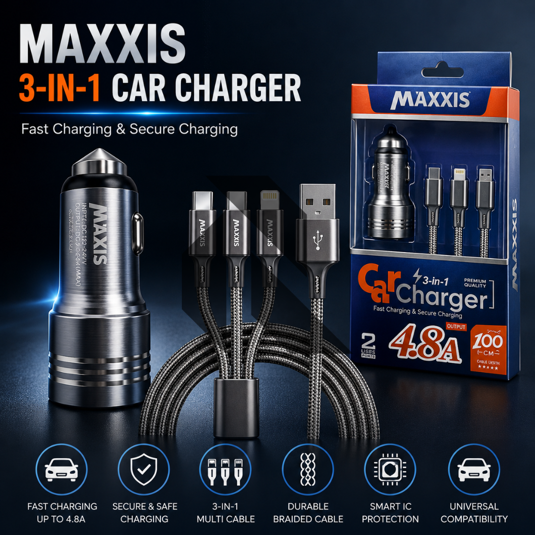 Maxxis Car Dual USB Mobile Charger 4.8A with 3-in-1 Cable – Fast Charging Car Adapter for All Devices Main image