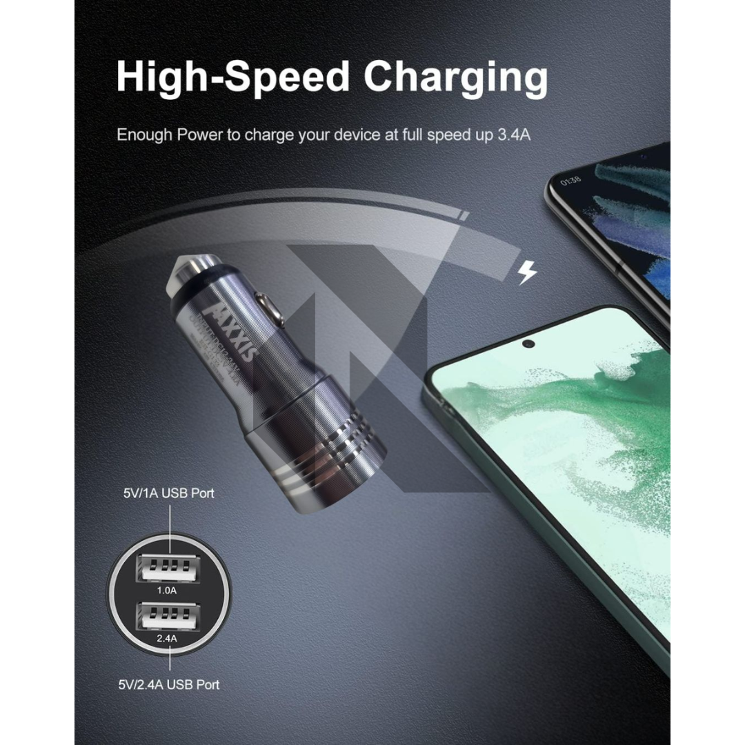 Maxxis Car Dual USB Mobile Charger 4.8A with 3-in-1 Cable – Fast Charging Car Adapter for All Devices