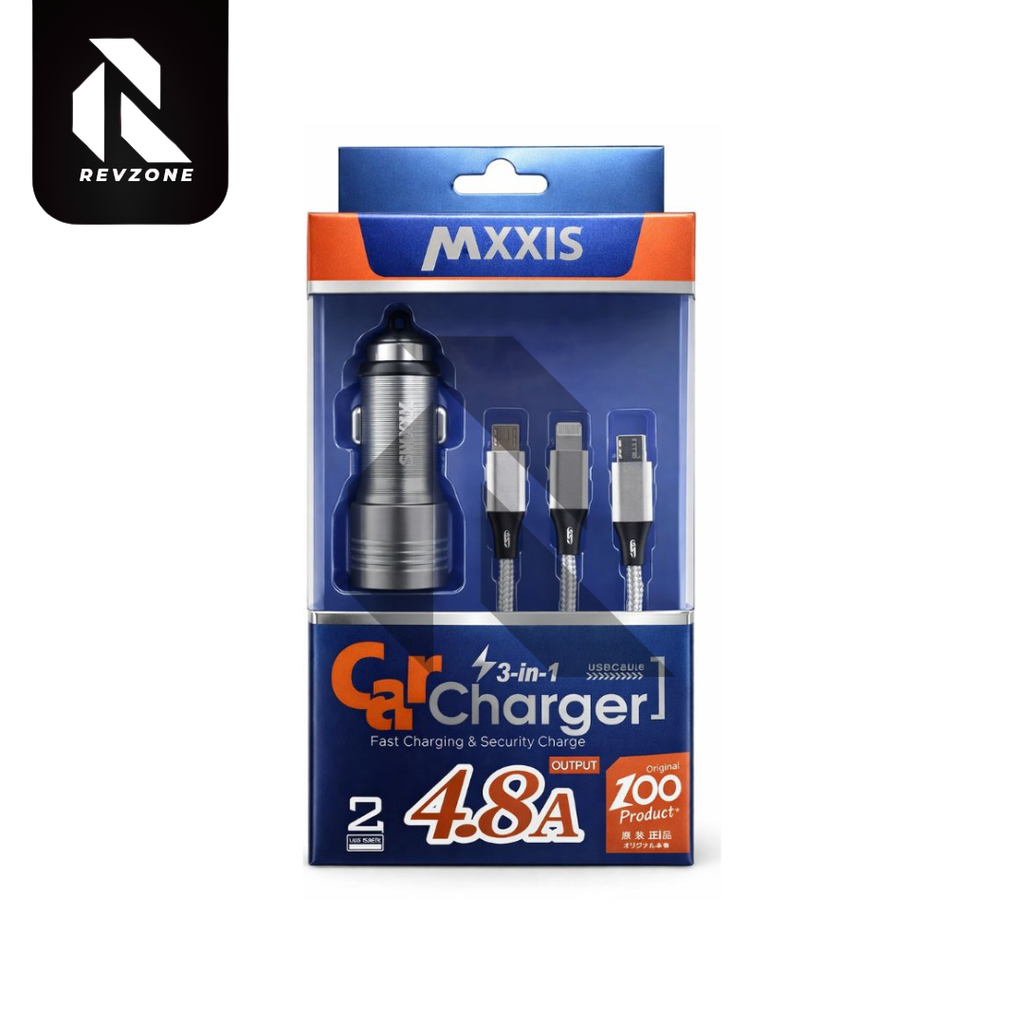 Maxxis Car Dual USB Mobile Charger 4.8A with 3-in-1 Cable – Fast Charging Car Adapter for All Devices