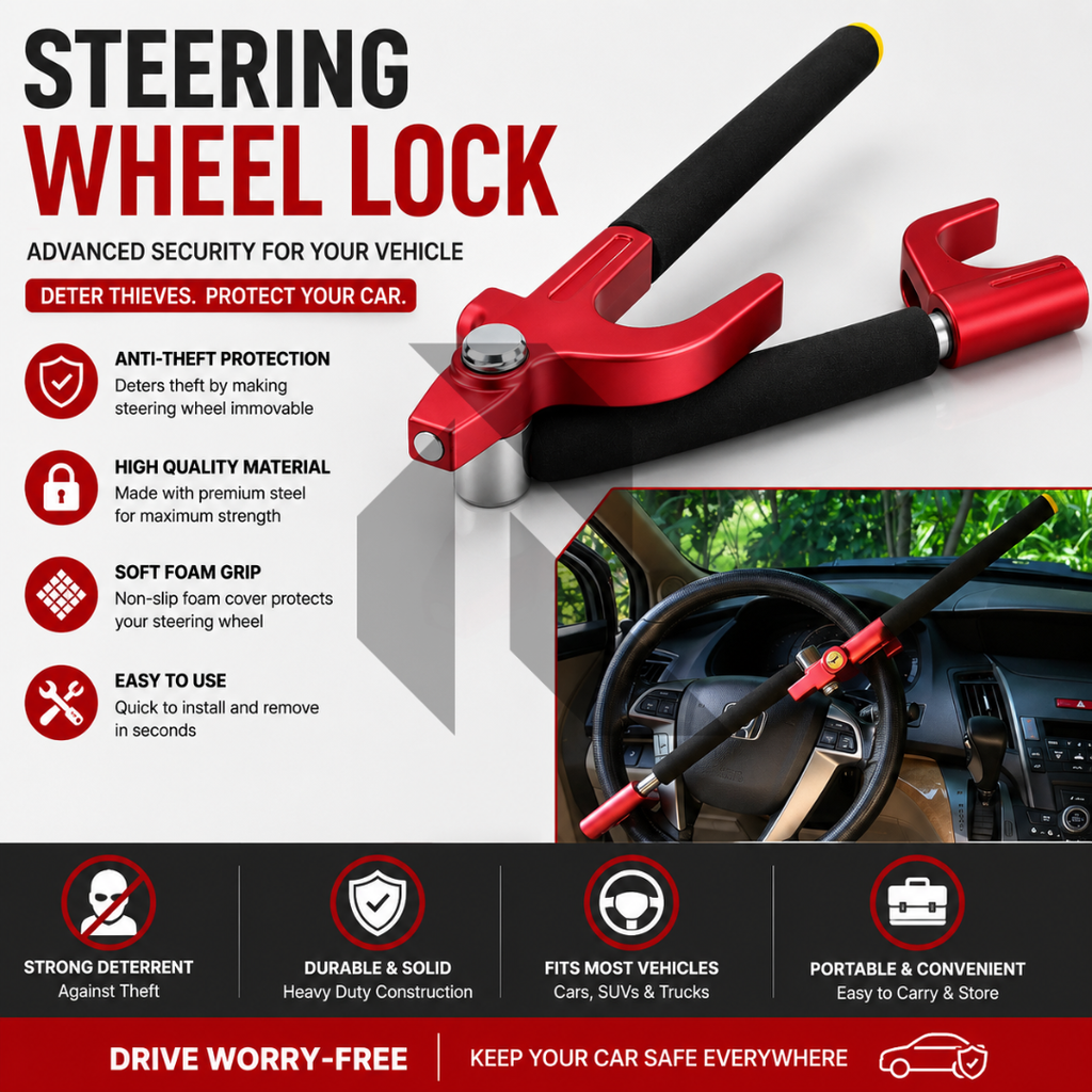 Universal Steering Wheel Lock with 2 Keys – Heavy Duty Anti-Theft Car Security Lock - V8X