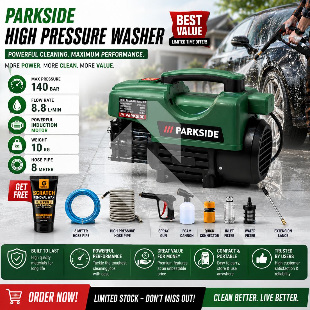 Parkside High Pressure Washer 140 Bar 2400W Induction Motor | 8.8L/min Flow Rate | 8 Meter Hose Pipe | Free Scratch Removal Wax 120ML