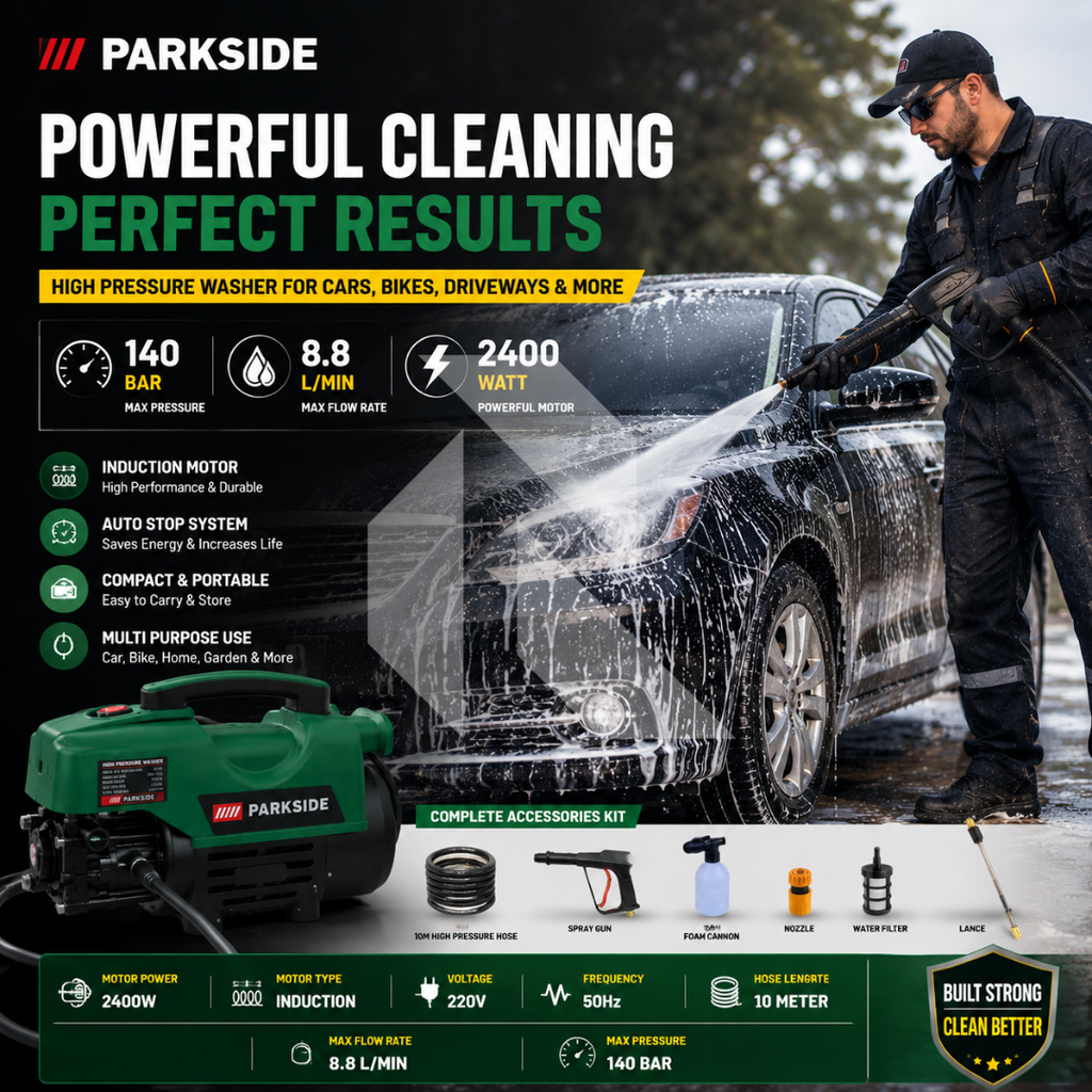 Parkside High Pressure Washer 140 Bar 2400W Induction Motor | 8.8L/min Flow Rate | 8 Meter Hose Pipe | Free Scratch Removal Wax 120ML