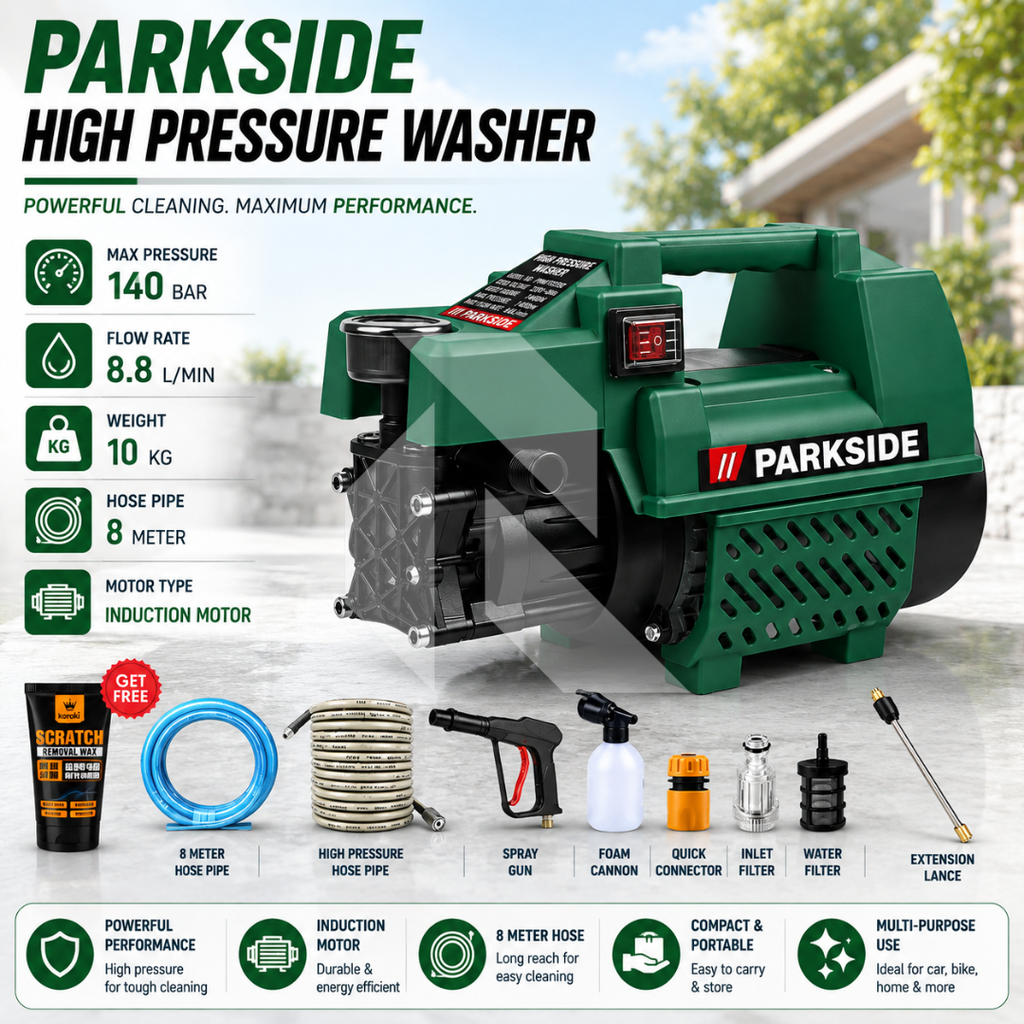 Parkside High Pressure Washer 140 Bar 2400W Induction Motor | 8.8L/min Flow Rate | 8 Meter Hose Pipe | Free Scratch Removal Wax 120ML