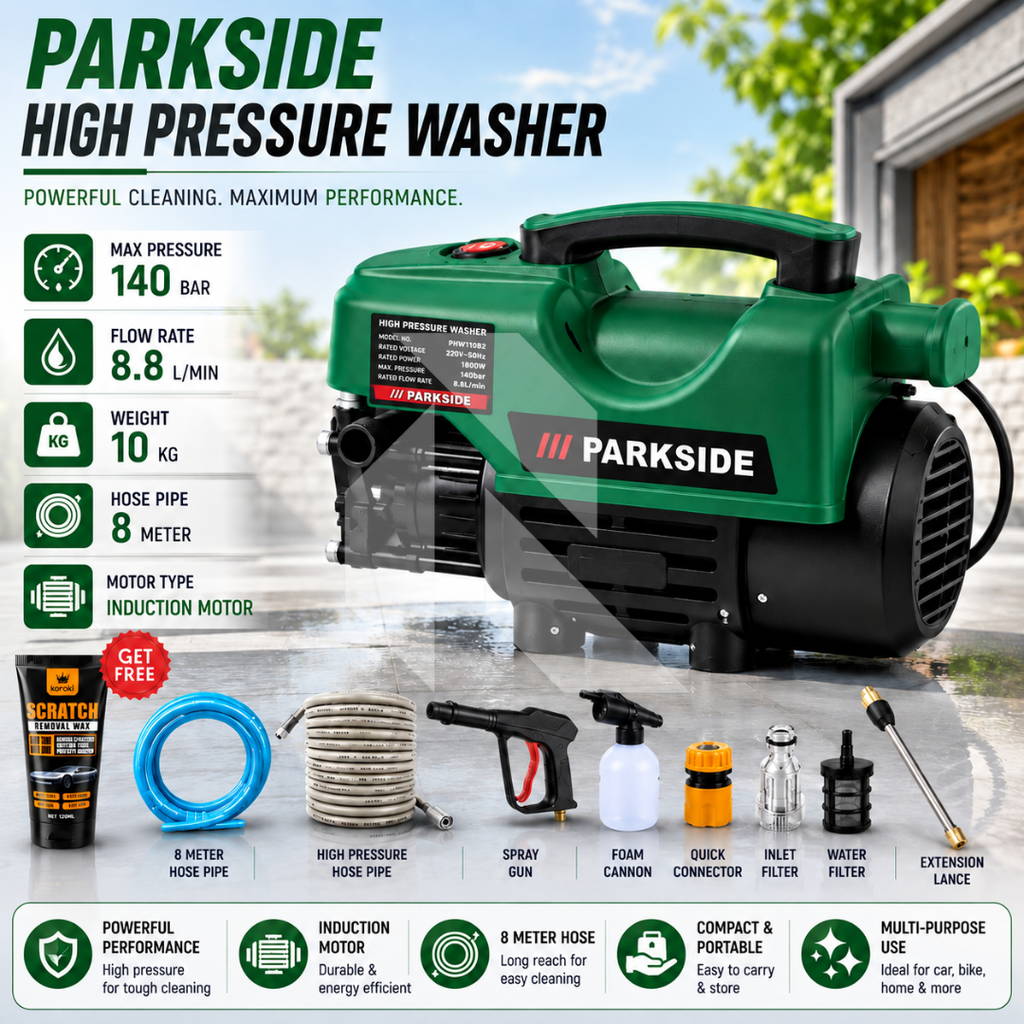Parkside High Pressure Washer 140 Bar 2400W Induction Motor | 8.8L/min Flow Rate | 8 Meter Hose Pipe | Free Scratch Removal Wax 120ML