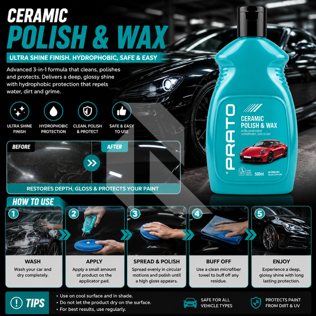PRATO Ceramic Polish & Wax – 3-in-1 Ceramic Shine, Polish & Paint Protection