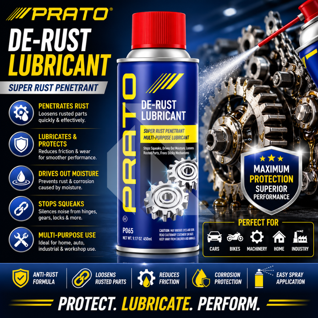 PRATO De-Rust Lubricant 450ML – Multi-Purpose Penetrating Oil, Rust Remover & Lubricant Spray