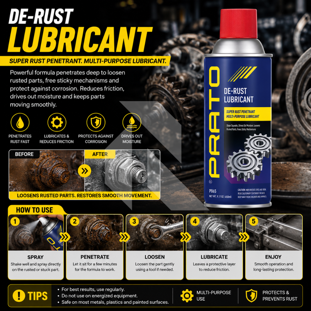 PRATO De-Rust Lubricant 450ML – Multi-Purpose Penetrating Oil, Rust Remover & Lubricant Spray