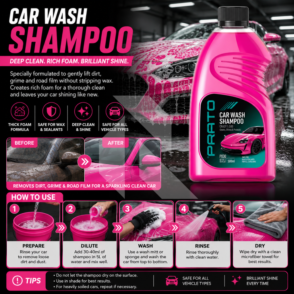 PRATO Car Wash Shampoo 500ML – High Foam Car Cleaning Shampoo for Deep Clean & Glossy Finish