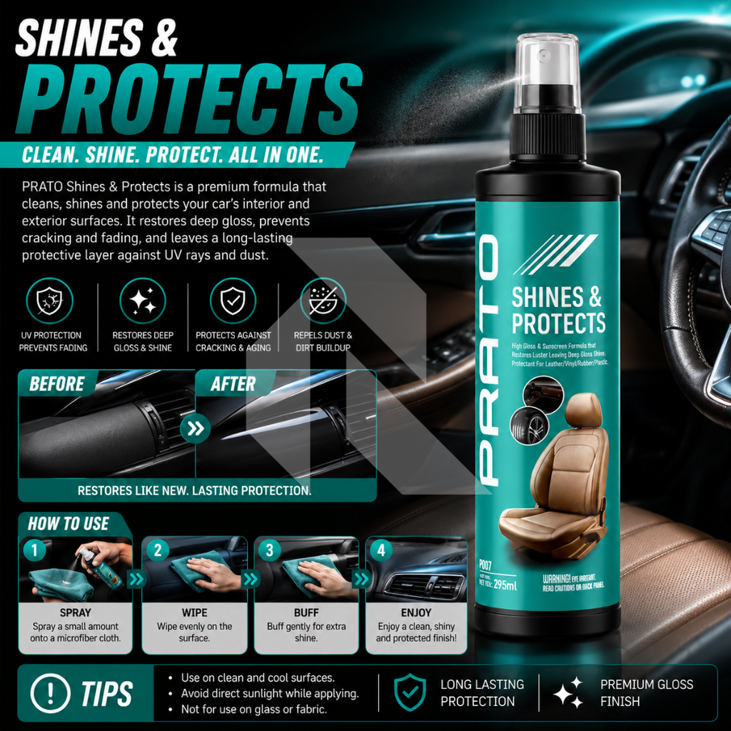PRATO Shines & Protects 295ml – Interior Protectant for Dashboard, Leather, Vinyl & Plastic
