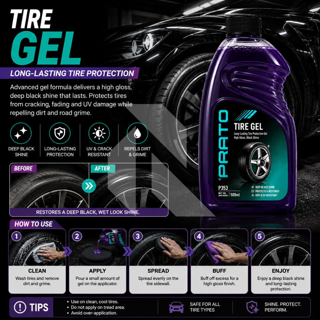 PRATO Tire Gel 500ML – High Gloss Tire Shine & Rubber Protection Gel for Deep Black Finish