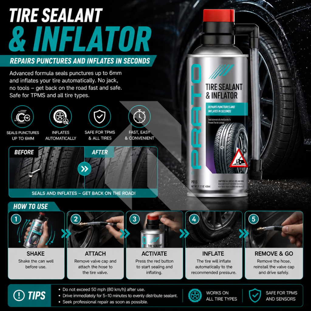 PRATO Tire Sealant & Inflator 450ML – Emergency Tire Repair & Instant Inflation Solution
