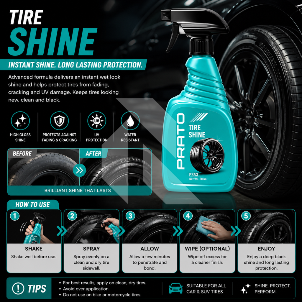 PRATO Tire Shine 500ML – Instant Tire Gloss & Rubber Protection Spray for Deep Black Finish