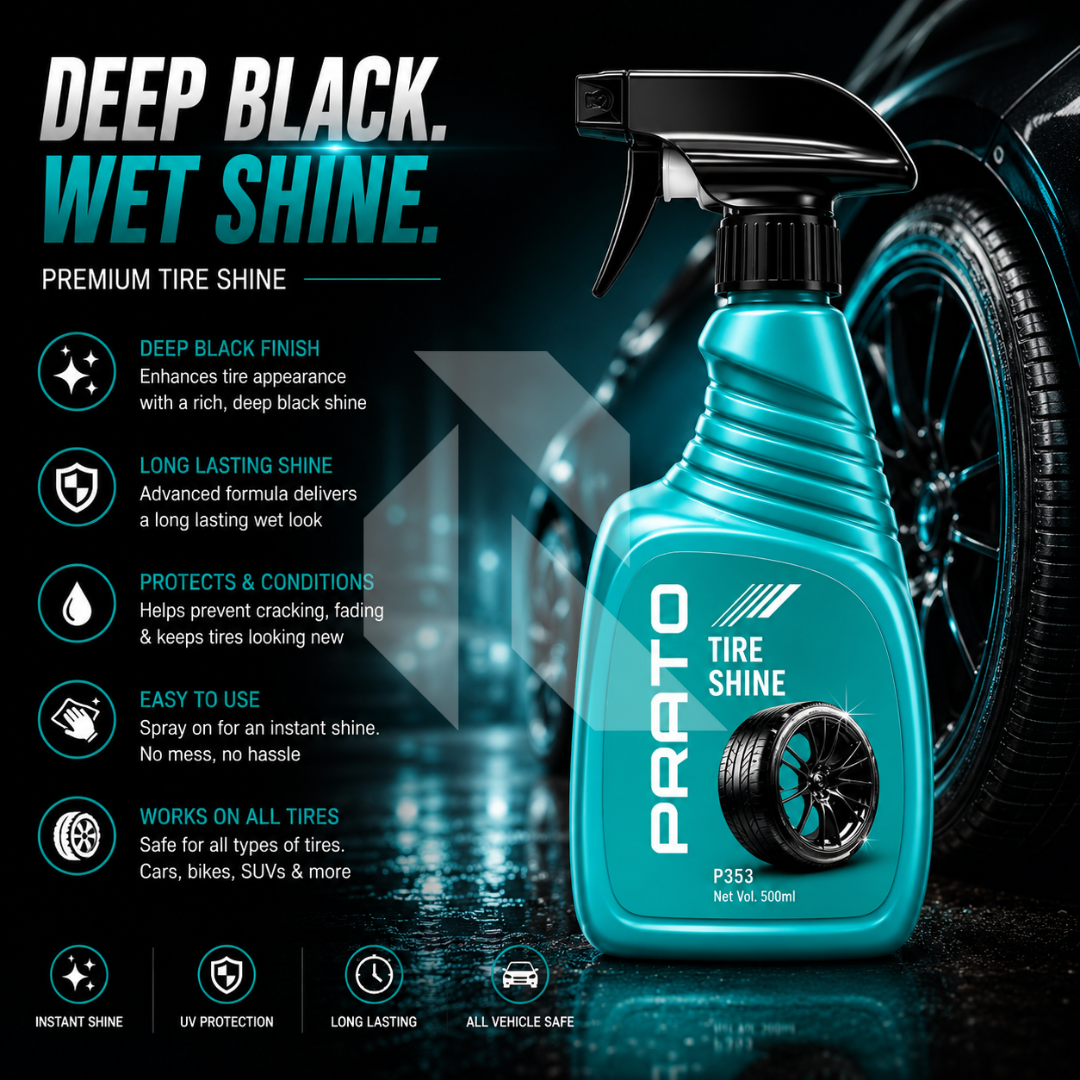 PRATO Tire Shine 500ML – Instant Tire Gloss & Rubber Protection Spray for Deep Black Finish