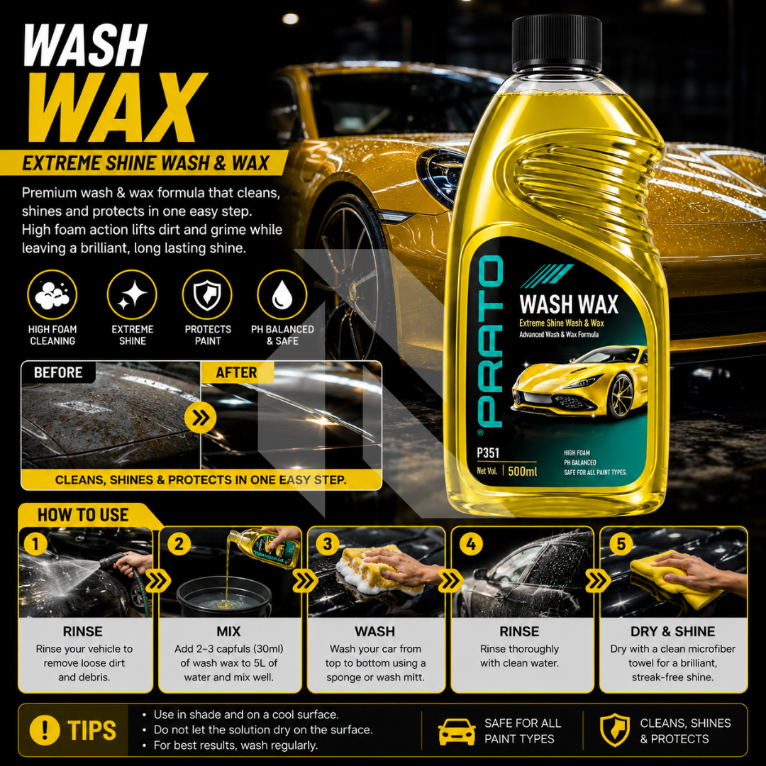 PRATO Wash & Wax 500ML – High Foam Car Wash Shampoo with Wax for Shine & Protection