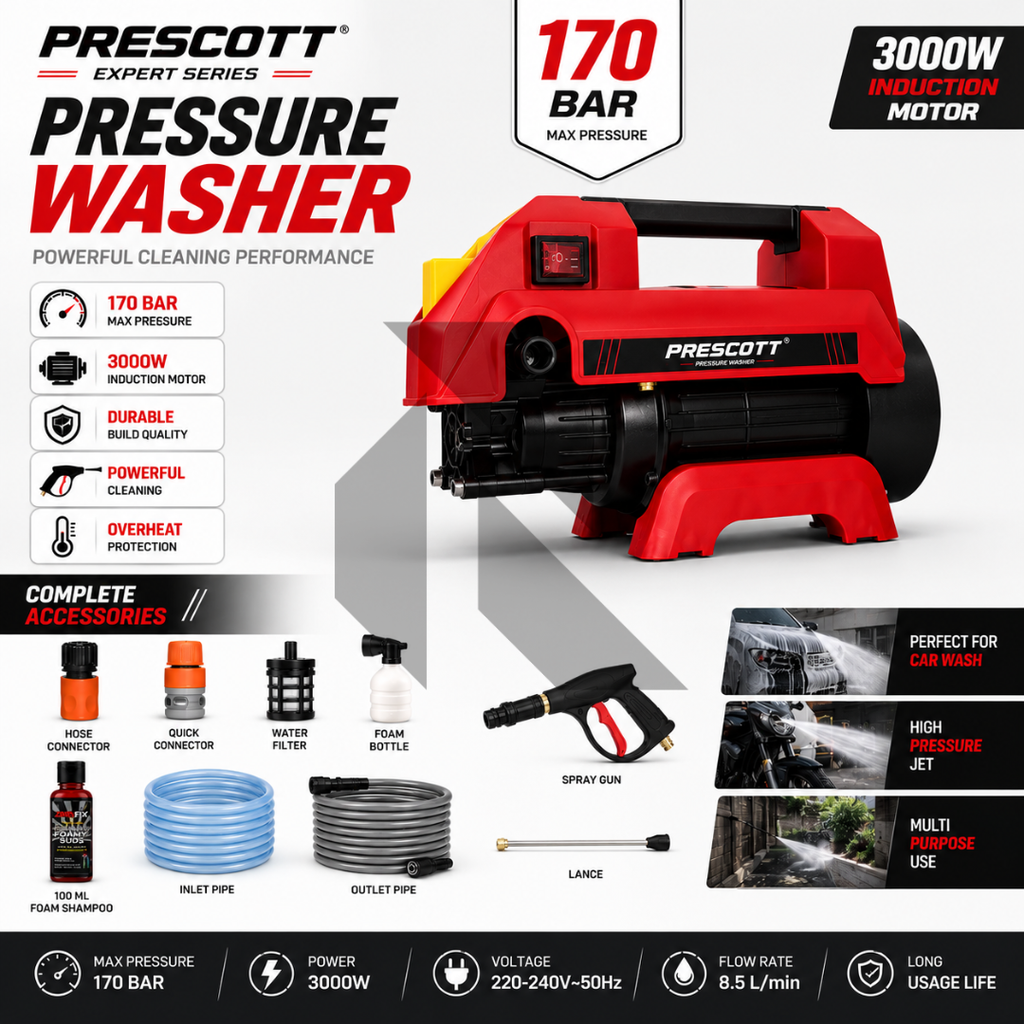 Prescott Expert Series Pressure Washer 170 Bar 3000W Induction Motor Free 100ML Shampoo