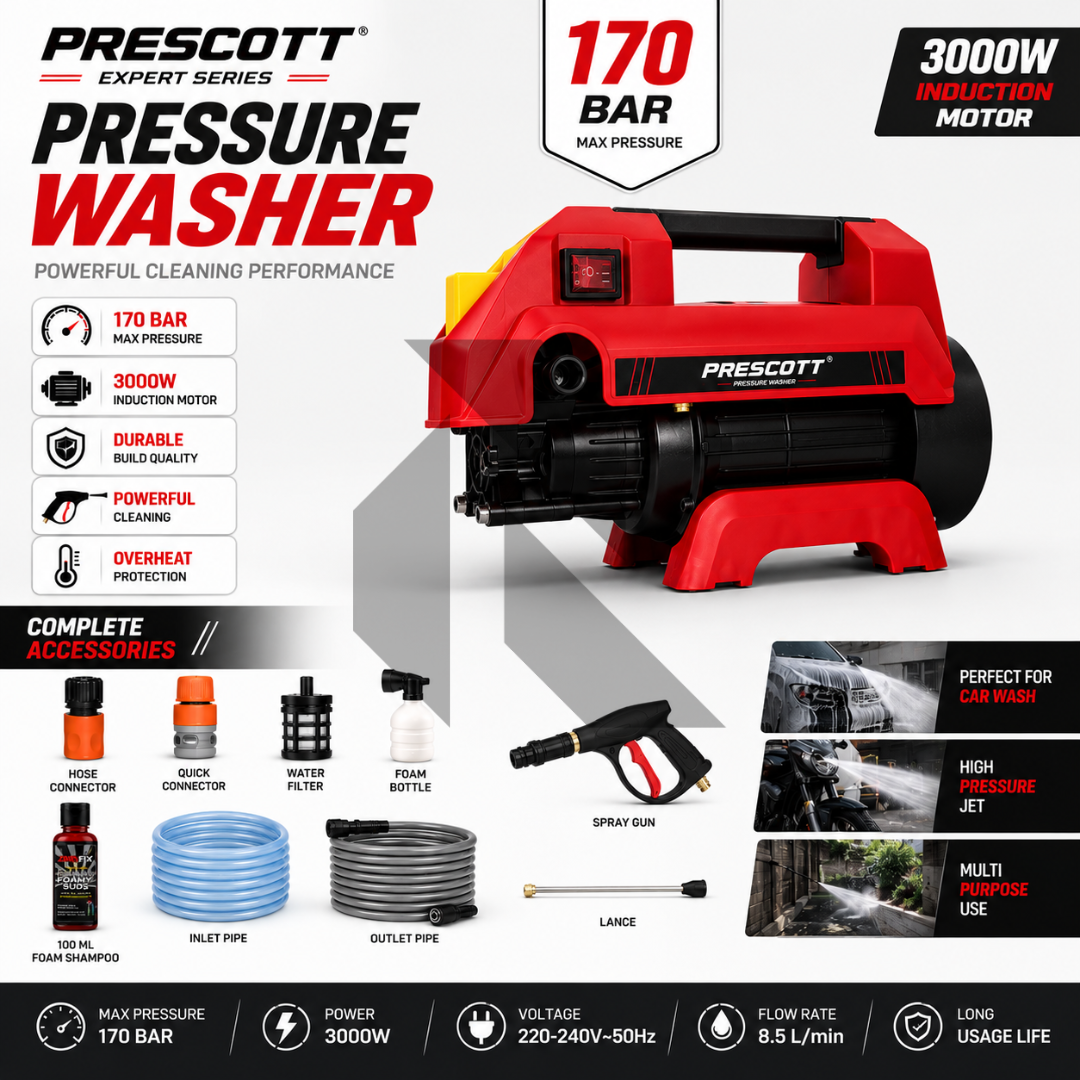 Prescott Expert Series Pressure Washer 170 Bar 3000W Induction Motor Free 100ML Shampoo